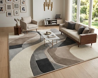 Tapis moderne abstrait en laine, tapis contemporain neutre pour salon, moquette texturée gris et beige tufté à la main, dimensions personnalisées