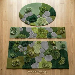 ​Hand-tufted moss garden rug with organic, irregular edges and multi-textured green wool pile, styled in a mid-century modern living room with a mustard yellow sofa and walnut coffee table.
​As you prepare to list this piece, what is the most important message you want your customers to take away about the quality of the materials used?
