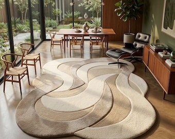 Tapis organique abstrait, tapis moderne en laine crème et beige, tapis de salon texturé, décoration de chambre à coucher de luxe, tapis fait main sur mesure