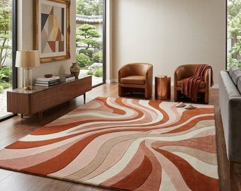 Tapis abstrait tourbillon, tapis de salon moderne milieu de siècle, tapis vagues orange brûlé et terre cuite, décor bohème en laine, dimension personnalisée disponible