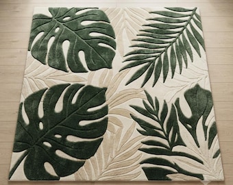 Tapis botanique vert, tapis en laine tuftée à motif de feuilles de monstera, décoration tropicale moderne pour salon, tapis de sol bohème jungle, dimensions sur mesure disponibles