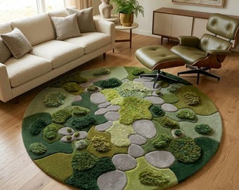 Alfombra redonda con diseño de jardín de musgo, alfombra infantil de lana tejida a mano, decoración botánica de bosque para el suelo, alfombra moderna orgánica para sala de estar, tamaño personalizado disponible.