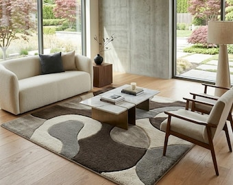 Tapis en laine abstrait moderne, carpette de forme organique Mid-Century, moquette de salon marron gris crème, tapis de sol de chambre à coucher texturé doux, 5 x 8 8 x 10