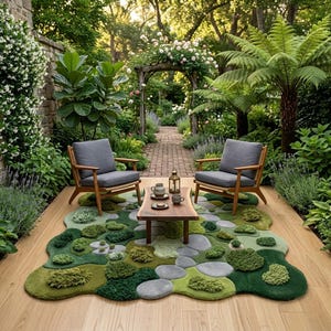 ​Hand-tufted moss garden rug with organic, irregular edges and multi-textured green wool pile, styled in a mid-century modern living room with a mustard yellow sofa and walnut coffee table.
​As you prepare to list this piece, what is the most important message you want your customers to take away about the quality of the materials used?