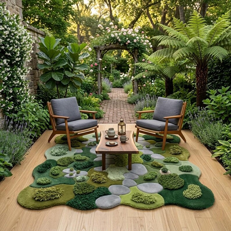 ​Hand-tufted moss garden rug with organic, irregular edges and multi-textured green wool pile, styled in a mid-century modern living room with a mustard yellow sofa and walnut coffee table.
​As you prepare to list this piece, what is the most important message you want your customers to take away about the quality of the materials used?