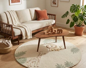 Tapis pour chambre d'enfant animaux safari, tapis de jeu rond pour enfants, décoration de chambre de bébé moderne neutre, tapis capitonné lion et girafe, carpette bohème pour chambre de bébé