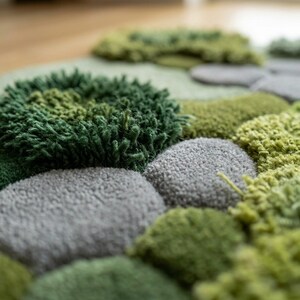 ​Hand-tufted moss garden rug with organic, irregular edges and multi-textured green wool pile, styled in a mid-century modern living room with a mustard yellow sofa and walnut coffee table.
​As you prepare to list this piece, what is the most important message you want your customers to take away about the quality of the materials used?