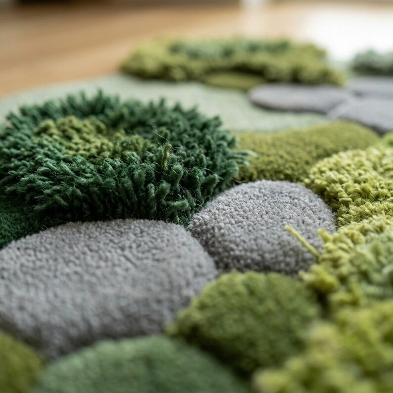 ​Hand-tufted moss garden rug with organic, irregular edges and multi-textured green wool pile, styled in a mid-century modern living room with a mustard yellow sofa and walnut coffee table.
​As you prepare to list this piece, what is the most important message you want your customers to take away about the quality of the materials used?