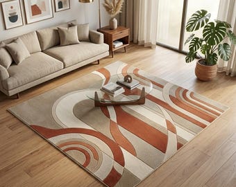 Tapis en laine abstrait moderne, moquette crème rouille terracotta, décoration de salon Mid-Century, tapis de sol pelucheux artisanal tufté à la main, dimensions personnalisées
