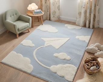 Tapis de chambre d'enfant bleu ciel en forme d'avion en papier, nuage en laine tufté à la main, décoration pour salle de jeux