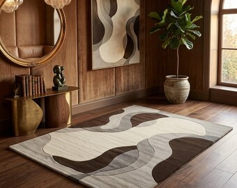 Tapis moderne abstrait en laine, carpette Mid-Century, tapis aux tons neutres terreux capitonnés, tapis de chambre à coucher, décoration de salon bio, dimension personnalisée disponible