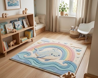 Tapis de chambre d'enfant baleine arc-en-ciel en laine tuftée à la main, décoration pastel pour salle de jeux