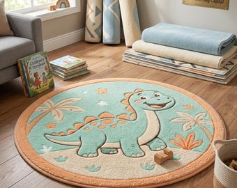 Tapis dinosaure en laine tuftée à la main – Tapis de jeu Brontosaure turquoise pour chambre d'enfant
