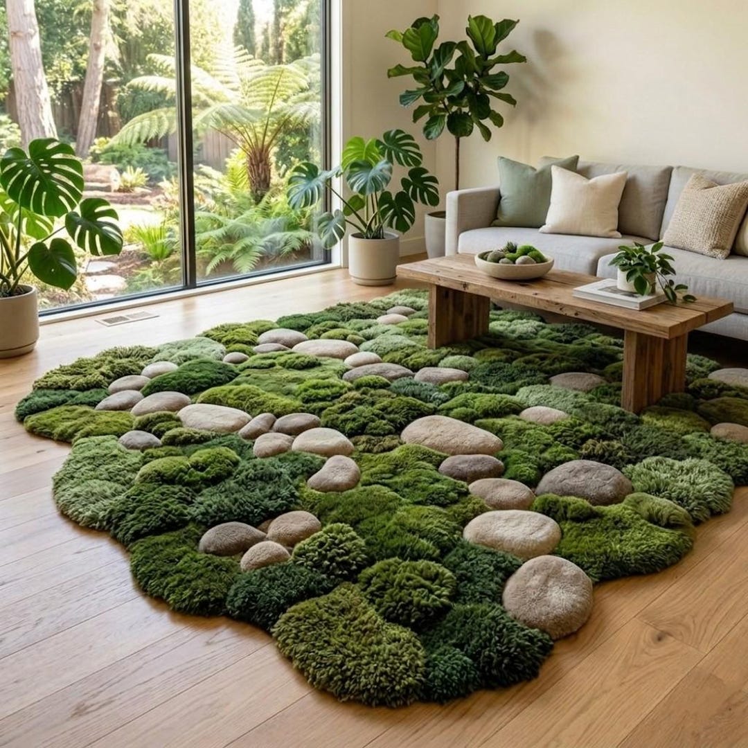 3D Moss Rug, Green Forest Floor Area Rug, Hand Tufted River Stone Wool ...