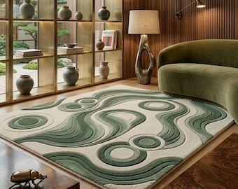 Tapis abstrait en laine vert sauge, tapis moelleux à vagues tuftées, style milieu du siècle pour salon.