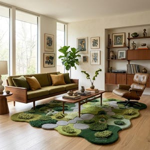​Hand-tufted moss garden rug with organic, irregular edges and multi-textured green wool pile, styled in a mid-century modern living room with a mustard yellow sofa and walnut coffee table.
​As you prepare to list this piece, what is the most important message you want your customers to take away about the quality of the materials used?