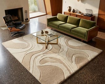 Tapis abstrait moderne en laine, tapis sculptural crème et beige, tapis de sol motif vague organique, décoration de salon Mid-Century dimensions personnalisées