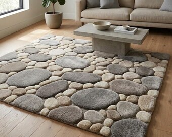 3D Pebble Stone Effect Area Rug, Hand-tufted Wool Carpet, Teal Grey ...