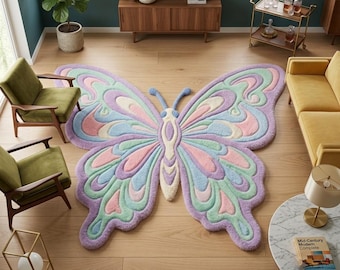 Tapis papillon en laine tufté à la main, décoration pastel bohème pour chambre d'enfant, tapis fantaisiste pour chambre d'enfant