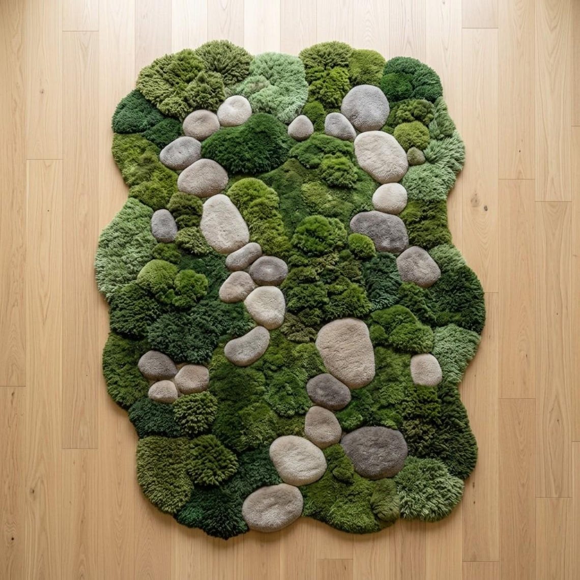 3D Moss Rug, Green Forest Floor Area Rug, Hand Tufted River Stone Wool ...