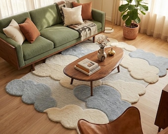 Tapis nuage en laine tuftée à la main, tapis abstrait bleu crème doux pour chambre d'enfant