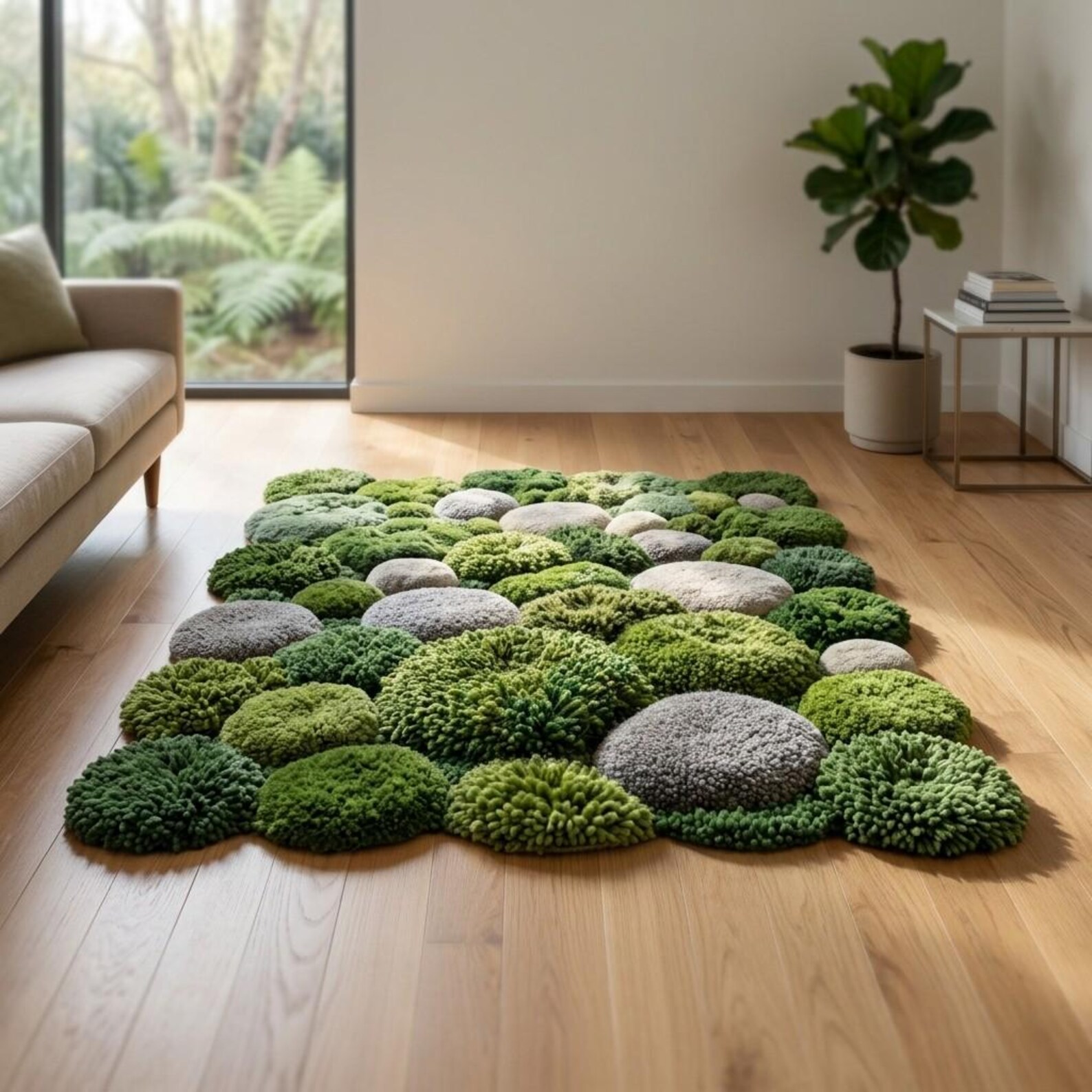 3D Moss Rug, Green Forest Floor Area Rug, Hand Tufted River Stone Wool ...