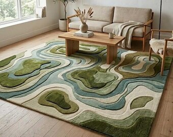 Alfombra topográfica abstracta verde musgo, alfombra de lana tejida a mano con textura 3D, alfombra moderna de ondas orgánicas color salvia, decoración de sala de estar de tamaño personalizado