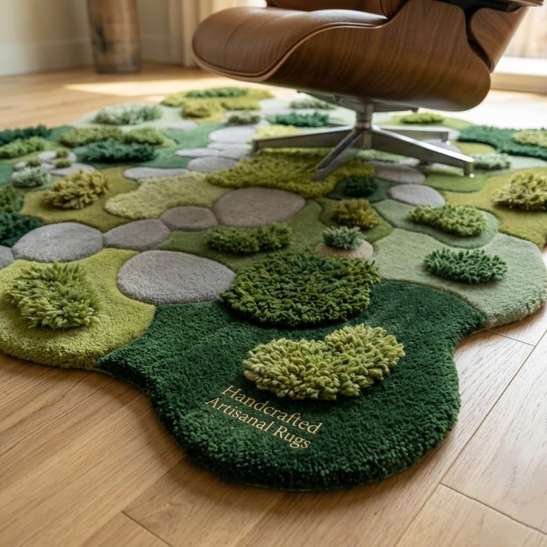 ​Hand-tufted moss garden rug with organic, irregular edges and multi-textured green wool pile, styled in a mid-century modern living room with a mustard yellow sofa and walnut coffee table.
​As you prepare to list this piece, what is the most important message you want your customers to take away about the quality of the materials used?