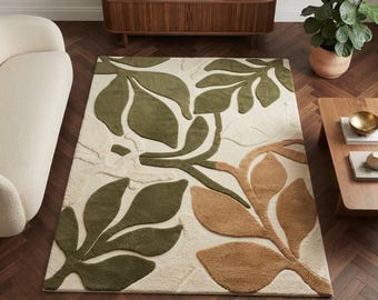 Tapis en laine tufté à la main à motif botanique, tapis d'appoint vert terracotta à feuilles organiques pour salon