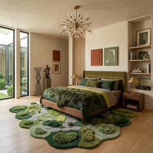 ​Hand-tufted moss garden rug with organic, irregular edges and multi-textured green wool pile, styled in a mid-century modern living room with a mustard yellow sofa and walnut coffee table.
​As you prepare to list this piece, what is the most important message you want your customers to take away about the quality of the materials used?