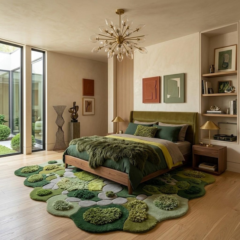 ​Hand-tufted moss garden rug with organic, irregular edges and multi-textured green wool pile, styled in a mid-century modern living room with a mustard yellow sofa and walnut coffee table.
​As you prepare to list this piece, what is the most important message you want your customers to take away about the quality of the materials used?