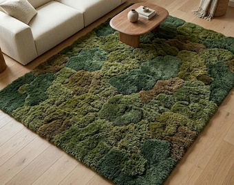 Alfombra de lana verde musgo intenso para suelo de bosque, alfombra abstracta 3D tejida a mano.