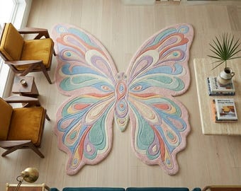 Tapis papillon en laine tufté à la main, accessoire de décoration bohème pastel et fantaisiste pour chambre d'enfant