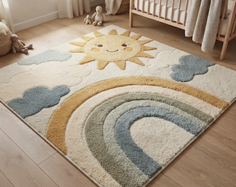 Tapis Boho Soleil Arc-en-ciel pour chambre d'enfant, tapis en laine tuftée pour la décoration de la salle de jeux.