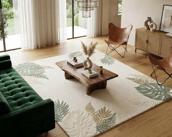 Tapis en laine Monstera tufté à la main | Vert sauge crème style moderne milieu du siècle