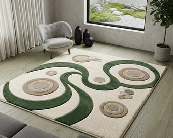 Tapis abstrait en laine : Tapis tufté moderne du milieu du siècle, décoration de salon aux formes organiques