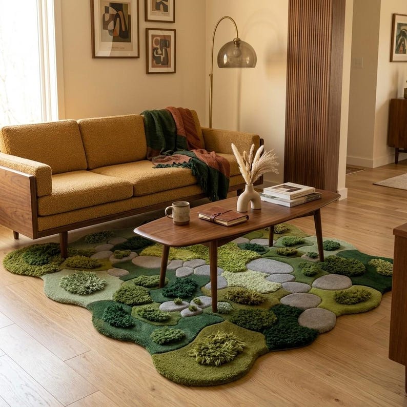 Hand-tufted moss garden rug with organic, irregular edges and multi-textured green wool pile, styled in a mid-century modern living room with a mustard yellow sofa and walnut coffee table.
As you prepare to list this piece, what is the most important message you want your customers to take away about the quality of the materials used?