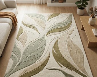 Tapis en laine vert sauge à motif botanique, tapis de salon moderne à feuilles abstraites, tapis de chambre minimaliste inspiré par la nature, dimensions sur mesure disponibles