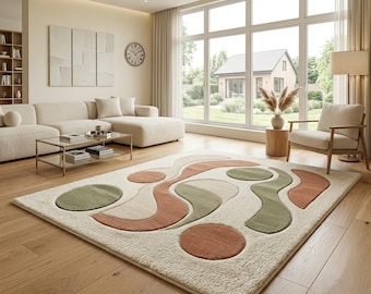 Tapis en laine tufté à la main, tapis abstrait bio couleur sauge terracotta, salon bohème style milieu du siècle