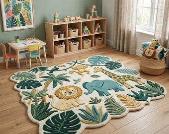 Tapis safari en laine tufté à la main | Décoration sur mesure pour chambre d'enfant ou salle de jeux