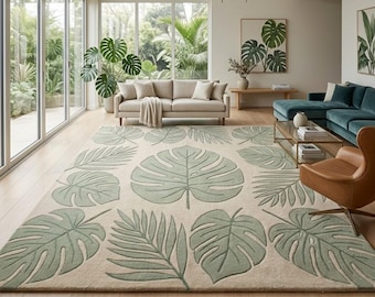 Tapis botanique feuille de Monstera, tapis vert sauge moderne du milieu du siècle, décor de salon tropical, tapis en laine touffeté à la main, dimension personnalisée disponible