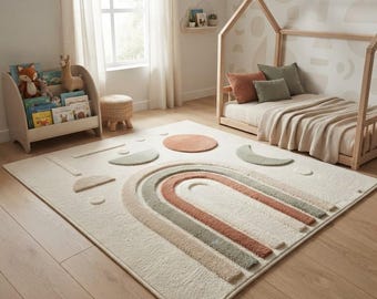 Tapis en laine tuftée arc-en-ciel style bohème | Tapis de chambre d'enfant abstrait vert sauge et terracotta