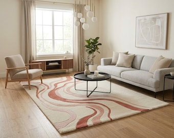 Tapis vague abstraite, tapis moderne en laine ton ocre, tapis de salon ondulé bio, déco de chambre Mid-Century, tapis de taille personnalisée disponible