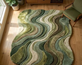 Alfombra irregular de ondas 3D en verde musgo, alfombra abstracta de lana tejida a mano, alfombra moderna orgánica verde salvia para sala de estar. Tamaño personalizado disponible.