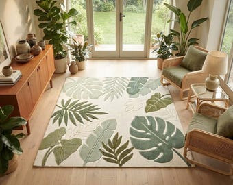 Tapis Monstera en laine tuftée à la main | Tapis botanique vert sauge (244 x 305 cm)