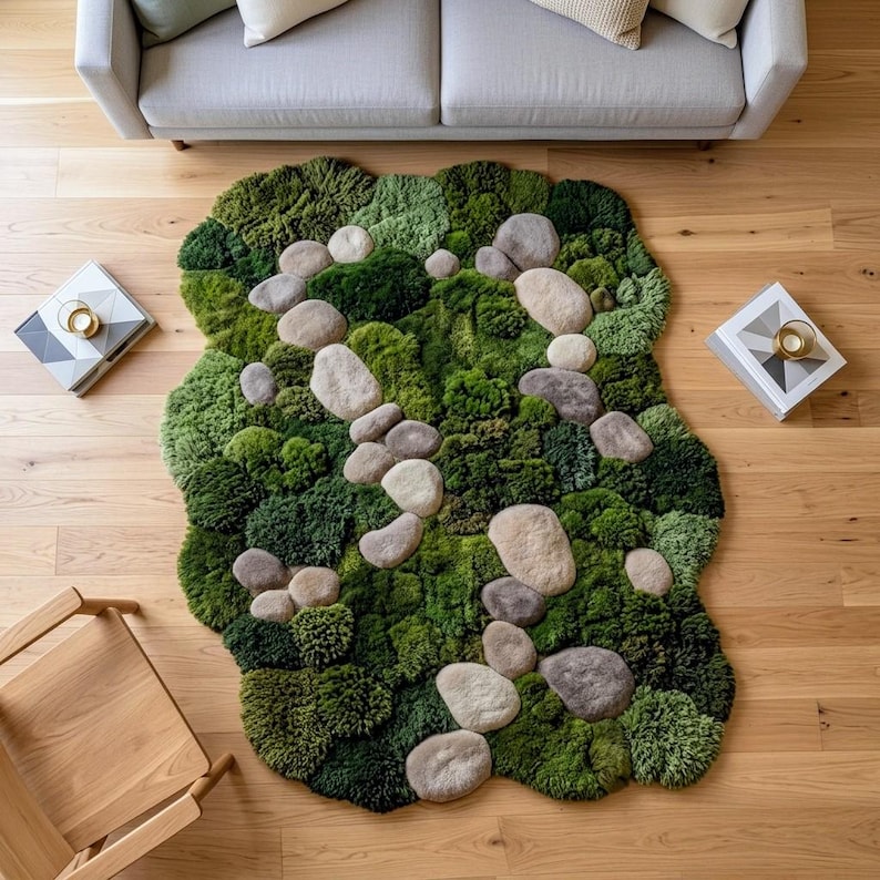 3D Moss Rug, Green Forest Floor Area Rug, Hand Tufted River Stone Wool ...