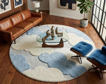 Tapis rond à motif nuage, moquette pour chambre de bébé bleu doux et crème, carpette fantaisie moderne, carpette tuftée à la main d'accent en laine, dimensions personnalisées disponibles