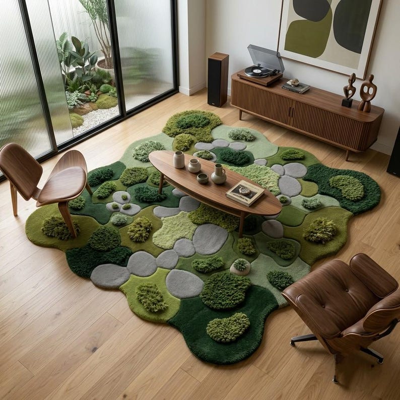 ​Hand-tufted moss garden rug with organic, irregular edges and multi-textured green wool pile, styled in a mid-century modern living room with a mustard yellow sofa and walnut coffee table.
​As you prepare to list this piece, what is the most important message you want your customers to take away about the quality of the materials used?