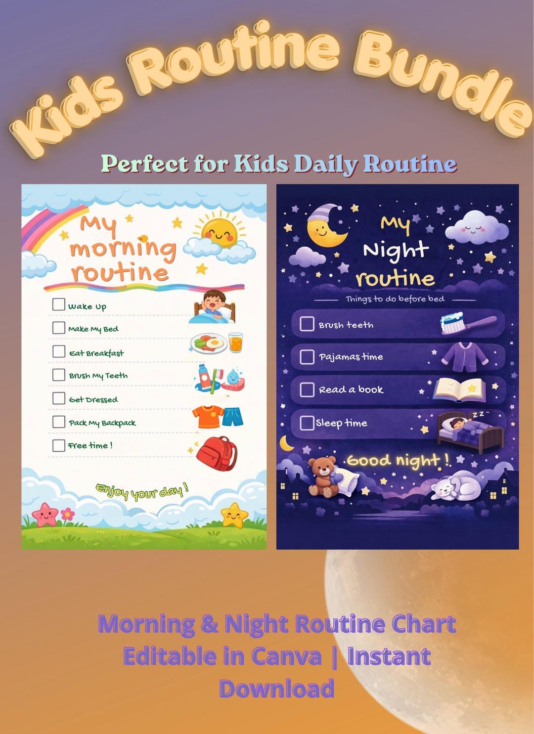 Editable Kids Routine Chart Bundle Canva Template | Morning & Bedtime ...
