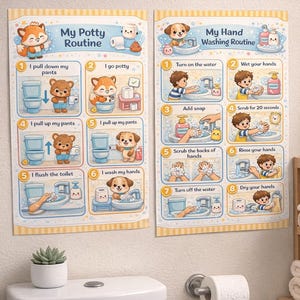 May include: Two illustrated posters, "My Potty Routine" and "My Hand Washing Routine." The potty chart features a fox, bear, and dog. The hand washing chart shows a child and a dog demonstrating the steps.